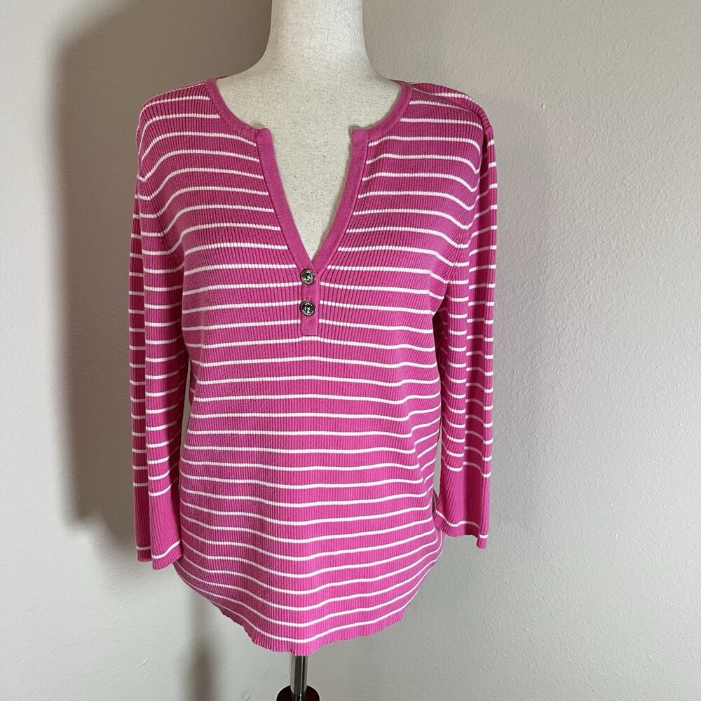 Ralph Lauren Pink White Striped Women XL Button V Neck Ribbed Sweater Shirt